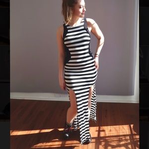 Long Striped Body-con Dress with slits.